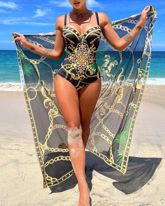 Marie - Einteiliger Push-up-Badeanzug mit Strandschürze